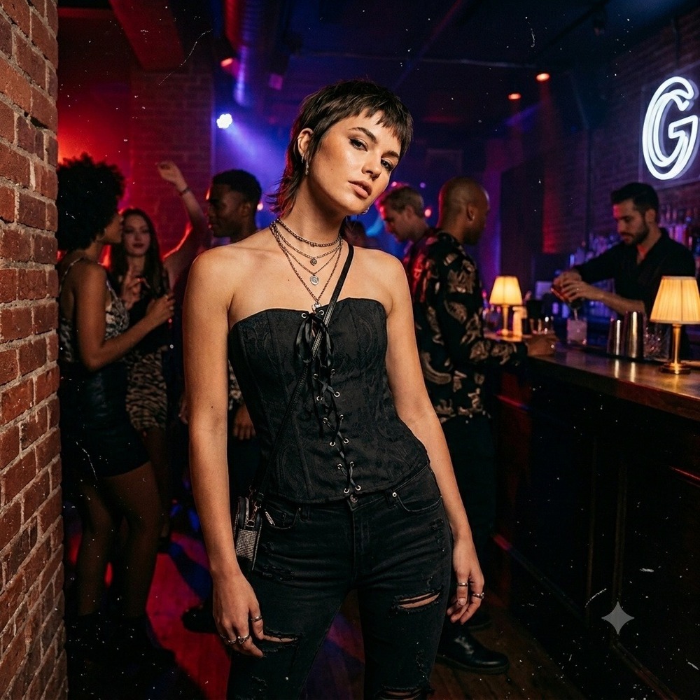 Vintage Guess Collection Corset Top Jacquard Lace‎ Up Bustier Black Medium